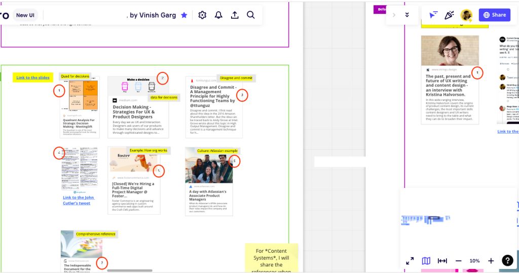 The Miro board where Vinish Garg hosts their product content strategy, content design, and UX Writing course.