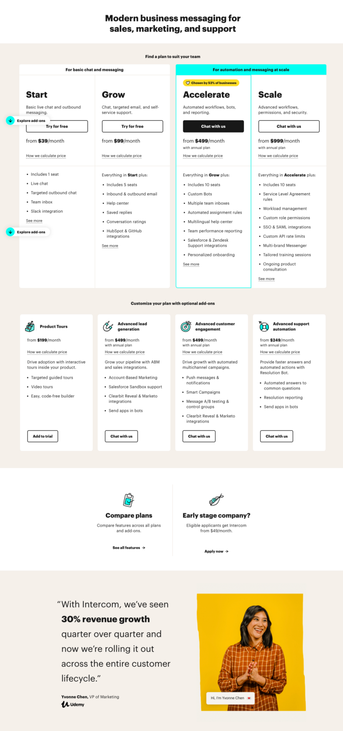 Vinish Garg uses the Intercom pricing page example in a post on product content strategy for a SaaS pricing page.