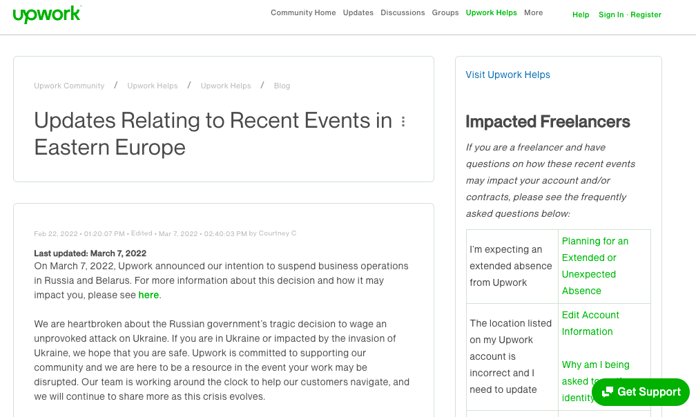 Upwork's message in their Help Center as a response to the Russia-Ukraine war.