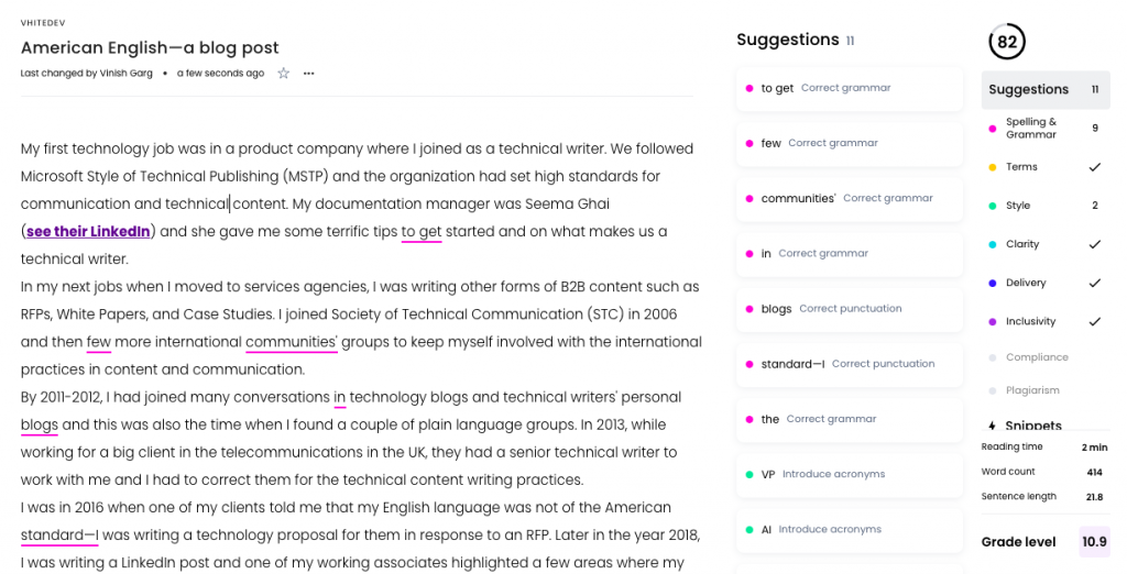 Vinish Garg writes on American English and shares a screenshot from Writer to see how their English writing is different from when AI advises some corrections for American English context.