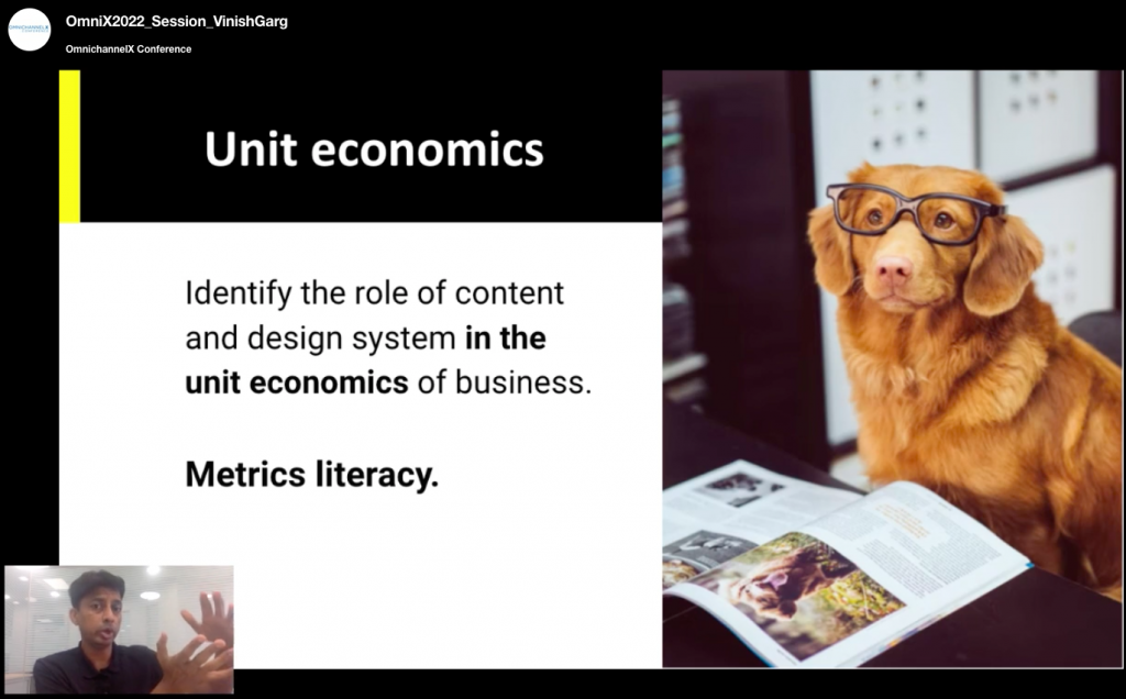 Vinish Garg shares a slide from their talk at the OmnichannelX 2022 on content and design systems metrics.