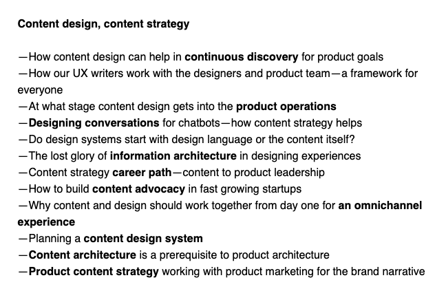 A few examples of content strategy and content design talks topics for the Outcome 2023, a UX, content strategy, and content design conference in Chandigarh, by Vinish Garg.