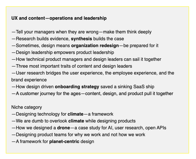 A few examples of UX, design and content talks topics for the Outcome 2023, a UX, content strategy, and content design conference in Chandigarh, by Vinish Garg.